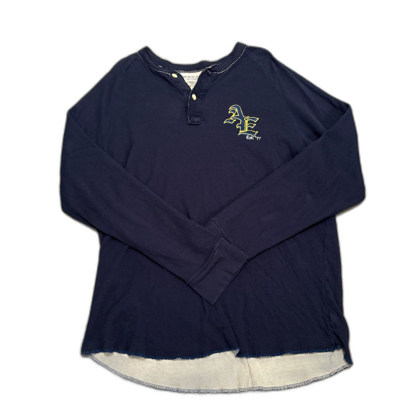 Y2K American Eagle Outfitters Mens Double Layer Henley Tee Navy Blue‎ Size Large - Picture 1 of 4